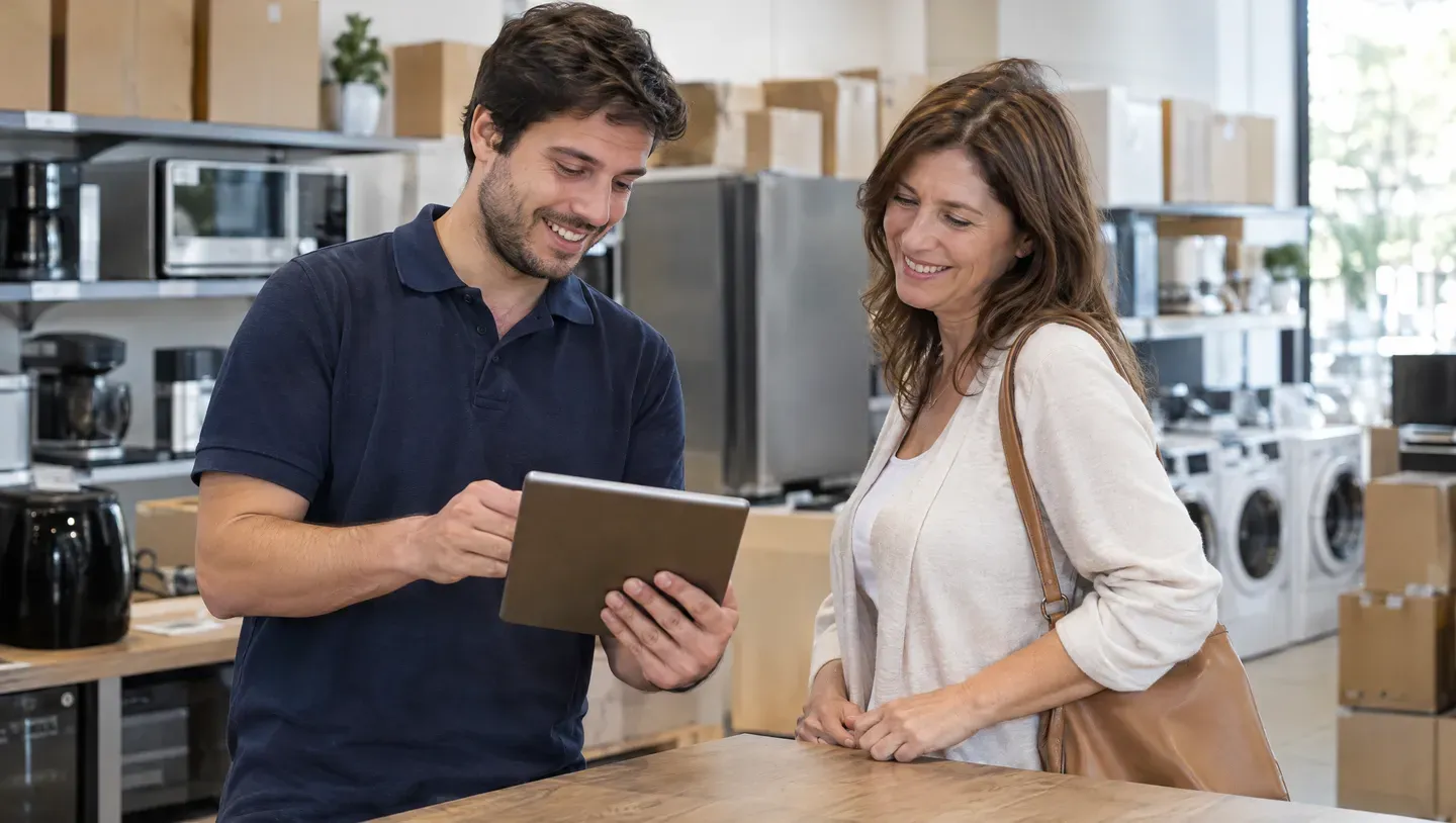 Comerciante ayudando a una clienta a completar el alta desde una tablet