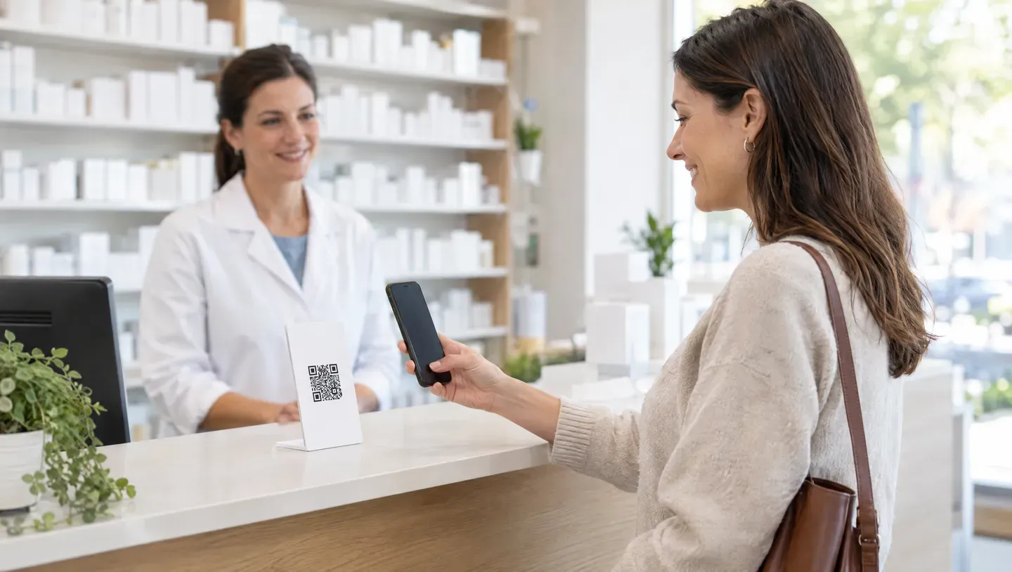 Mujer pagando con QR desde su celular en una farmacia