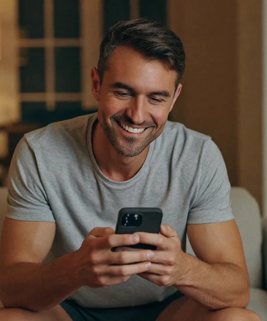 Hombre usando la billetera PrestApp en su celular desde el sillón de su casa