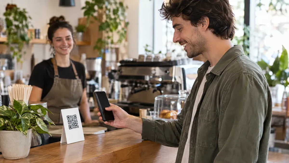 Joven pagando con QR desde su celular en un café