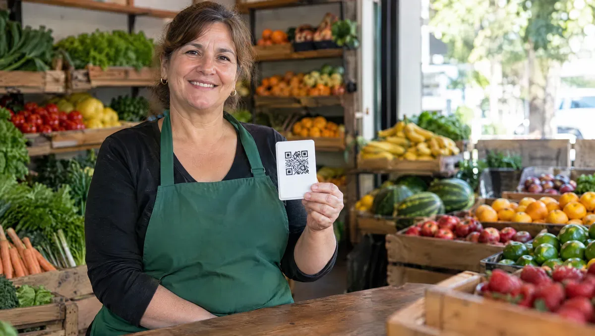 Verdulera mostrando el QR de cobro de su comercio