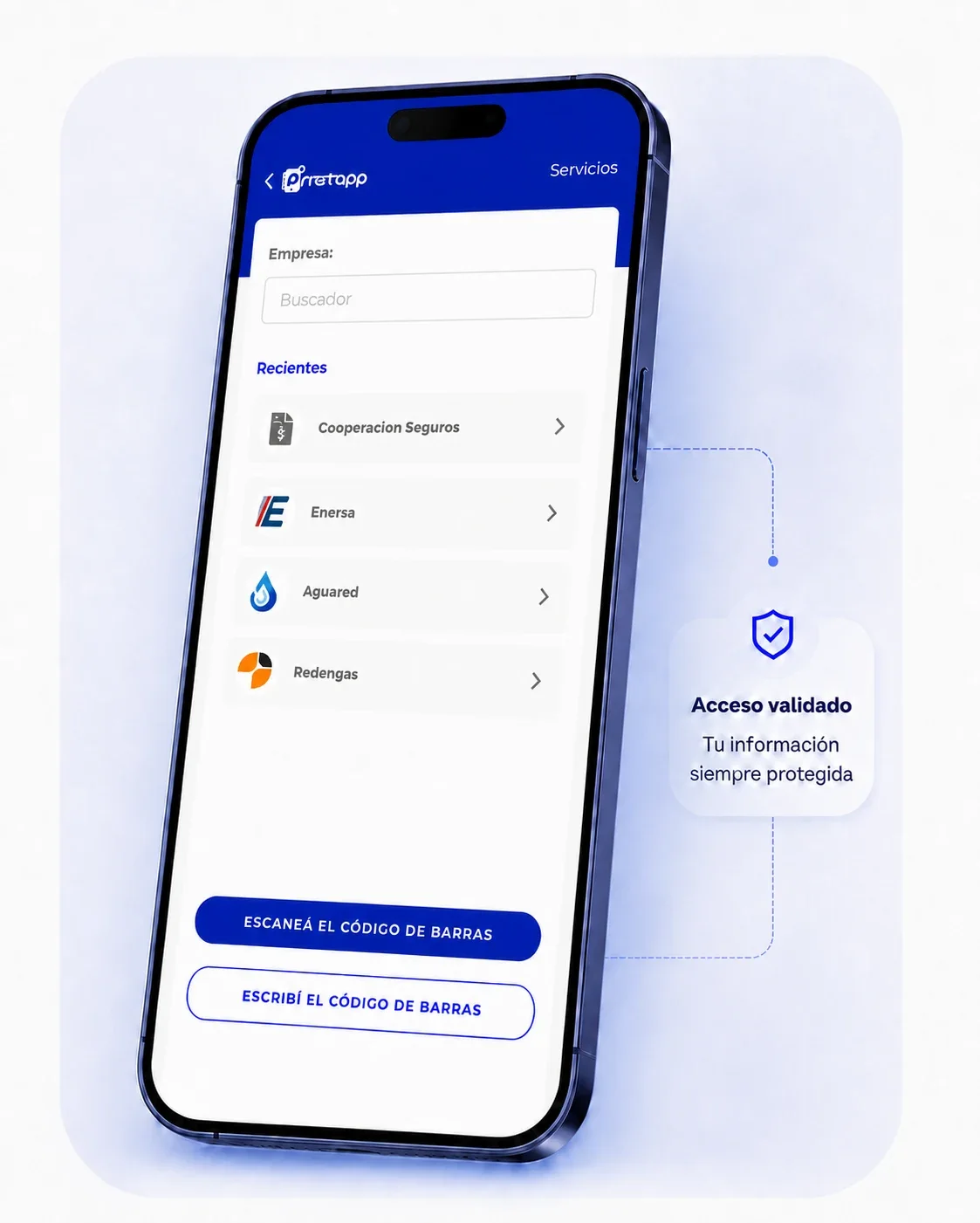 Mockup de PrestApp mostrando la pantalla para pagar servicios